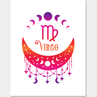 Rainbow Ombre Moon Phases and Virgo Zodiac Symbol Posters and Art